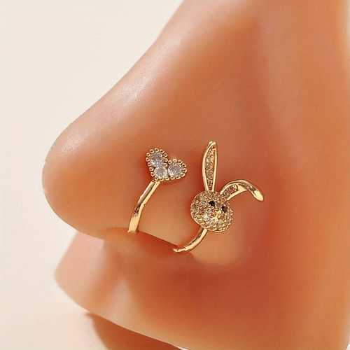 Anneaux de nez de lapin de dessin animé en strass pour femmes, nouveaux anneaux de nez européens en zircone, Piercing corporel en forme de cœur, 2 pièces