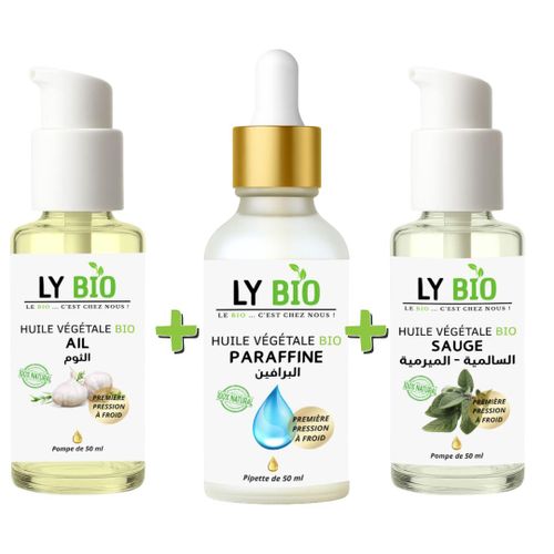 PACK HUILE AIL 50ML - POMPE + HUILE PARAFFINE 50ML - PIPETTE + HUILE SAUGE 50ML - POMPE