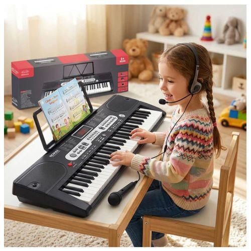 Piano Synthétiseur Électronique 61 Touches – Clavier Musical Éducatif avec Écran LED, Pupitre et Microphone – Noir