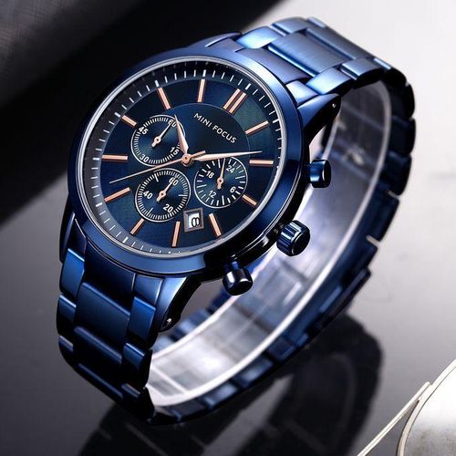 Montre homme sport chronographe bleu, design moderne en acier inoxydable, 3ATM, bracelet cuir premium