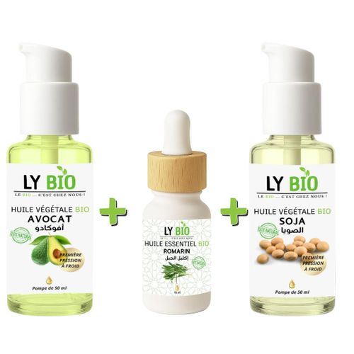 PACK HUILE AVOCAT 50ml - POMPE + HUILE ESSENTIEL ROMARIN 10ML + HUILE SOJA 50ML - POMPE