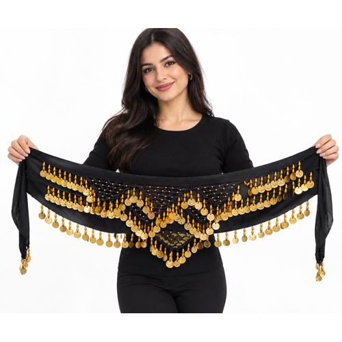 Ceinture de Danse Orientale Égyptienne Noire Élégante, Ornée de Pièces Métalliques Dorées et de Perles, Accessoire de Danse Raffiné
