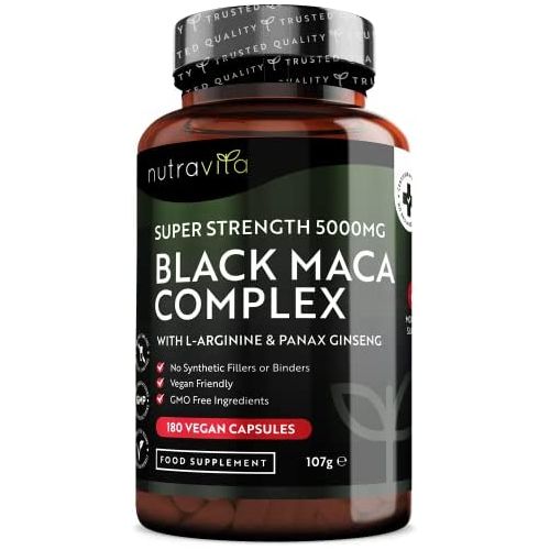 Maca Noir Fort Dosage 5000 mg avec Ginseng & L-Arginine & Vitamines Made in UK.