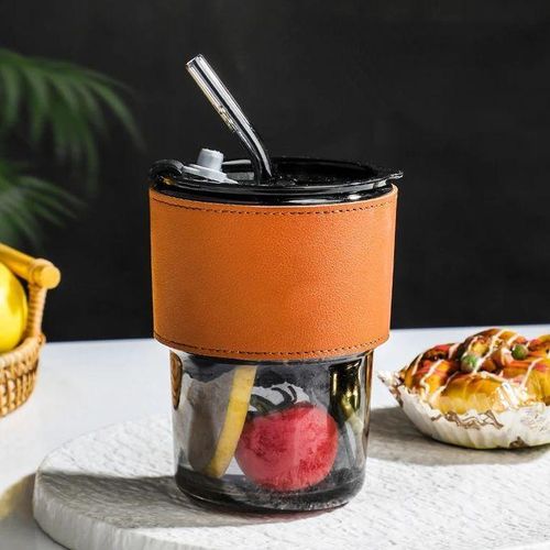 Tasse à café en verre avec enveloppe en cuir et couvercle anti-fuite