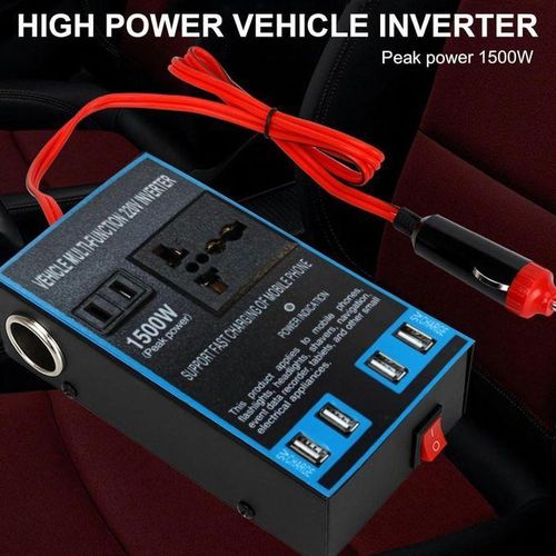 Transformateur de Tension Voiture 1500W – Inverter Puissant 12V/24V vers 220V + 4 Ports USB – Convertisseur Énergie Auto Camping Camion Panne de Courant