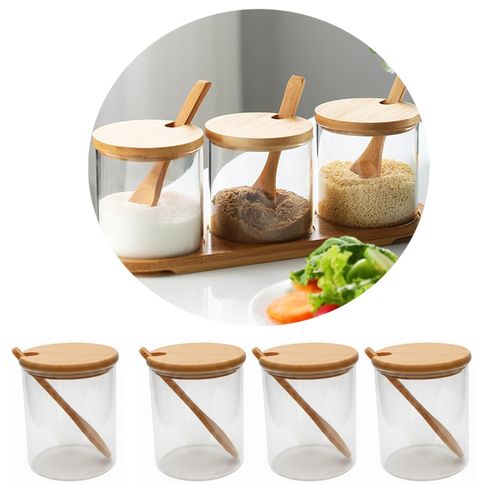 Lot de 4 Pots à Épices en Verre avec Couvercle et Cuillère en Bambou – Bocaux de Cuisine Élégants et Pratiques