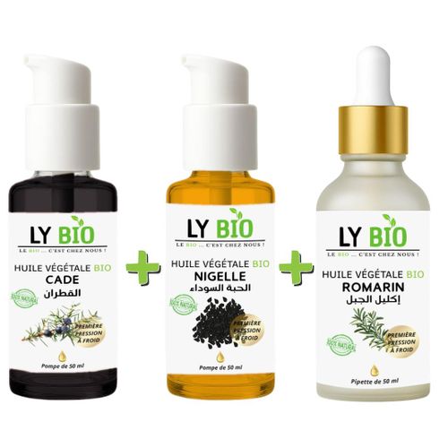 PACK HUILE CADE 50ML - POMPE HUILE NIGELLE 50ML - POMPE HUILE ROMARIN 50ml - PIPETTE