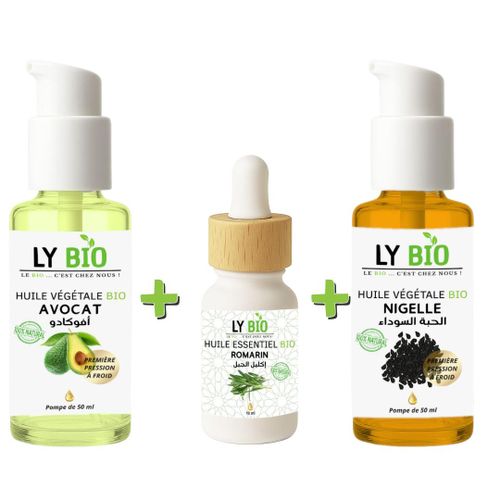PACK HUILE AVOCAT 50ml - POMPE HUILE ESSENTIEL ROMARIN 10ML HUILE NIGELLE 50ML - POMPE