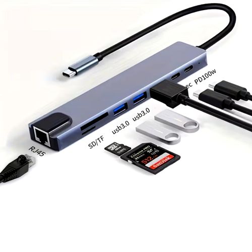 Hub USB-C 8 ports avec HDMI 4K Ethernet lecteur SDTF et charge rapide