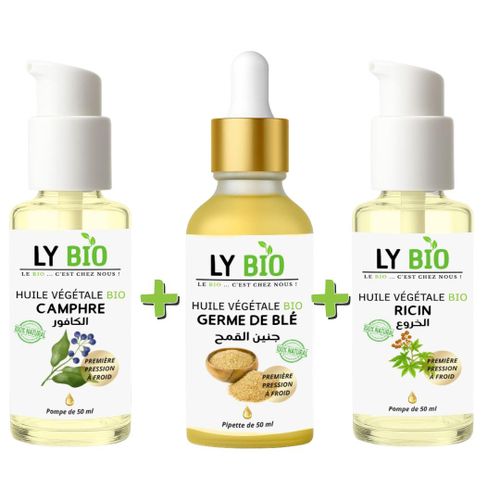 PACK HUILE CAMPHREE 50ML - POMPE HUILE GERME DE BLE 50ML - PIPETTE HUILE RICIN 50ml - POMPE