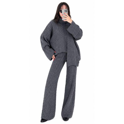 Ensemble Femme 3 Pièces en Maille Tricotée Gris – Pull à Manches Longues, Pantalon Large et Châle Assorti