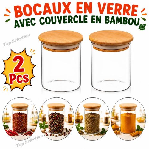 Lot de 2 Bocaux de Conservation en Verre avec Couvercle Bambou Hermétique – Boîtes de Rangement pour Cuisine, Épices et Céréales