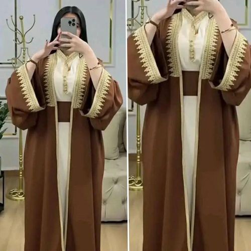 Caftan Marocain Élégant 2 Pièces en Crêpe Haut de Gamme – Tenue Traditionnelle Moderne pour Femme Ref 08 - Marron