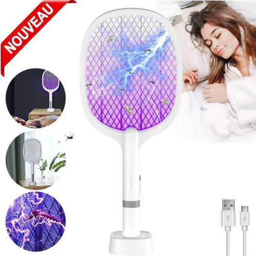 Raquette électrique anti-mouches, Rechargable 1200 mah Lampe & Raquette 2 en 1 avec Support