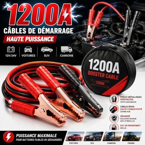 Câble de Démarrage Voiture Professionnel 1200 AMP – Câble Booster Batterie Haute Puissance & Haute Intensité avec Pinces Épais & Résistant – Accessoire Démarreur d’Urgence Auto, Camion, SUV, 4x4 & Moto – Idéal pour Batterie Essence ou Diesel