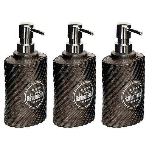 Distributeur de Savon - Verre Texturé - Pour Salle de Bain et Cuisine - Gris Fumé 400ml - Lot de 3