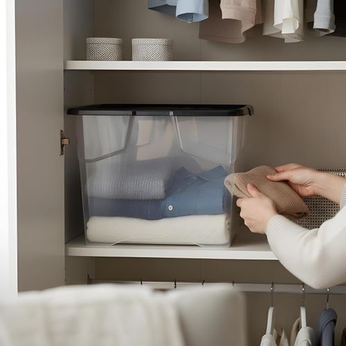 Boîte de Rangement - Plastique Transparent - Stockage Vêtements - Noir 100 L