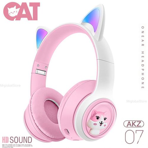 Casque Bluetooth Cat, Pliable pour Filles Enfants, LED RGB & Micro, Carte TF, Rose