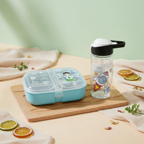 Pack Lunch box + gourde 500ml en plastique alimentaire sans BPA, deux compartiments en inox - 3 couverts - boite à sauce - Idéal pour école, crèche & université 21/15cm