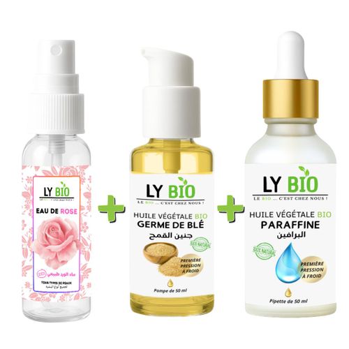 LYBIO PACK Eau de Rose 100ML + Huile Germe de Blé 50ML - Pompe + Huile Paraffine 50ML - Pipette