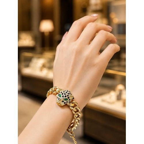 Bracelet Gourmette Léopard / Panthère pour Femme – Finition Dorée & Yeux Émeraude