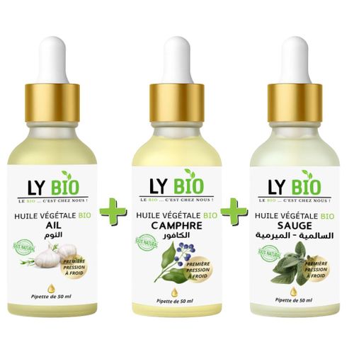 PACK HUILE AIL 50ML - PIPETTE + HUILE CAMPHREE 50ML - PIPETTE + HUILE SAUGE 50ML - PIPETTE