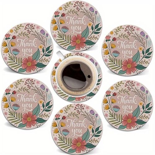 Un lot de 6 soucoupes rondes en bois avec des motifs floraux et automnales vibrants, taille 10, 16 cm. Ces dessous-de-verre plats 2D sont parfaits pour protéger les surfaces contre la chaleur du café ou d'autres breuvages brûlans – idéals comme accessoi