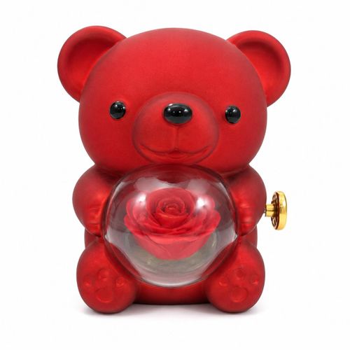 Ourson Décoratif Rouge avec Boule en Cristal et Rose Éternelle – Cadeau Romantique pour Saint-Valentin, Anniversaire et Décoration Intérieure