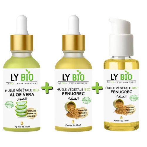 PACK HUILE ALOE VERA 50ml - PIPETTE + HUILE FENUGREC 50ML - PIPETTE + HUILE FENUGREC 50ML - POMPE