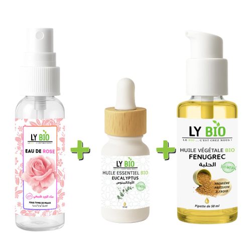 LYBIO Pack Eau de Rose 100ml + Huile Essentielle Eucalyptus 10ml + Huile Fenugrec 50ml - Pompe