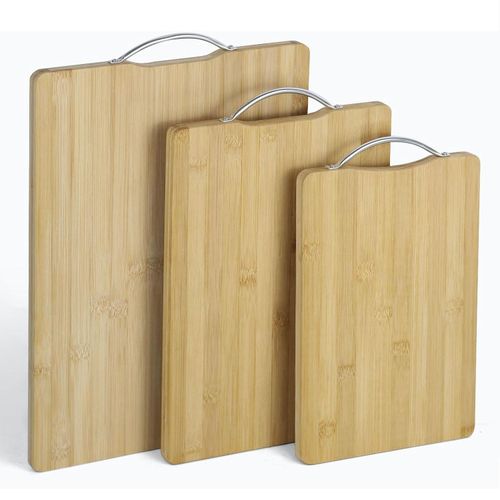 Set de 3 Planches à Découper en Bambou avec Poignée Inox – Planche de Cuisine Naturelle, 3 Tailles, Robuste et Durable
