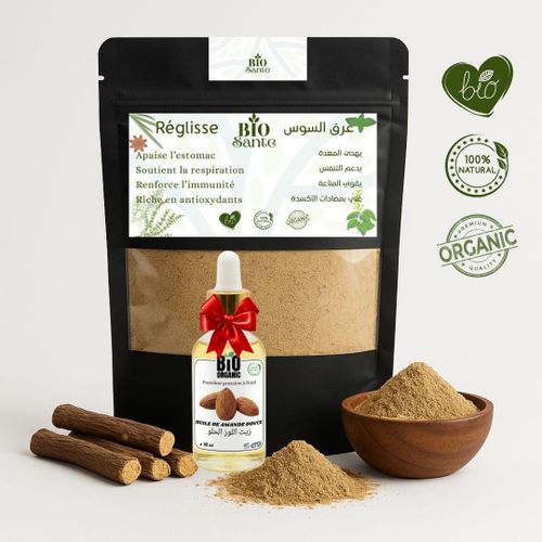 Réglisse poudre qualité premium confort estomac 200 g + huile de Amande douce 30ml gratuit