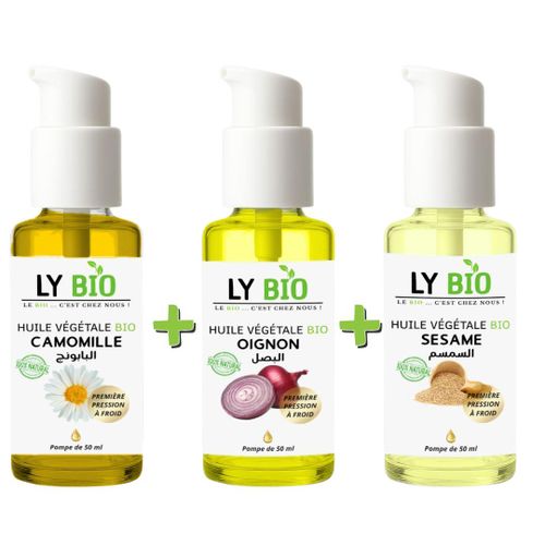 PACK HUILE CAMOMILLE 50ML - POMPE HUILE OIGNON 50ML - POMPE HUILE SESAME 50ml - POMPE