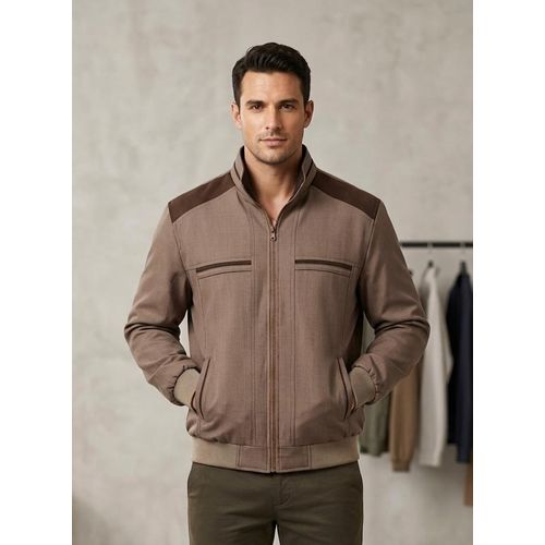 Veste Zippe Homme avec Col Montant Dtails Suede sur paules - Marron Textur