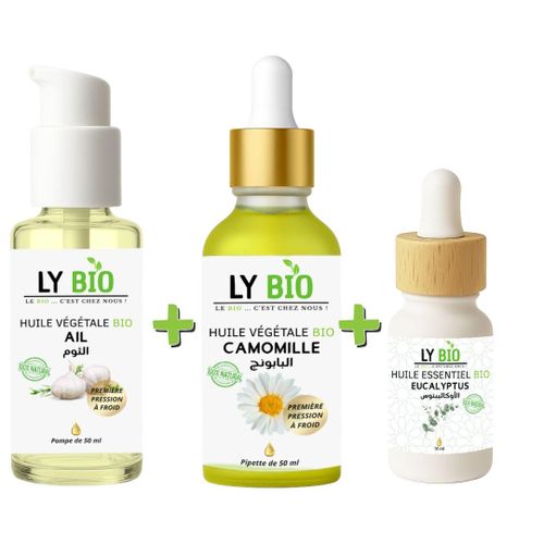 PACK HUILE AIL 50ML - POMPE + HUILE CAMOMILLE 50ML - PIPETTE + HUILE ESSENTIEL EUCALYPTUS 10ML