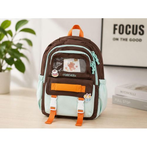 Sac à Dos Scolaire Enfant Marron et Vert Menthe – Sac à Dos École avec Poche Transparente
