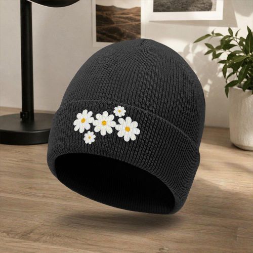 Chapeau d'extérieur pour homme à motif de petites marguerites tendance, bonnet tricoté sans bordure, unisexe pour temps froid d'automne/hiver, chapeau décontracté d'extérieur, chapeau de cyclisme d'extérieur, bonnet tricoté essentiel pour les activités