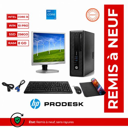 PACK PC BUREAU PRODESK 600 -INTEL CORE I5-RAM 8 Go-SSD 256Go-avec Ecran 19 PHILIPS -clavier, souris et tapis gratuits- GARANTIE 6 MOIS-(Remis a Neuf)