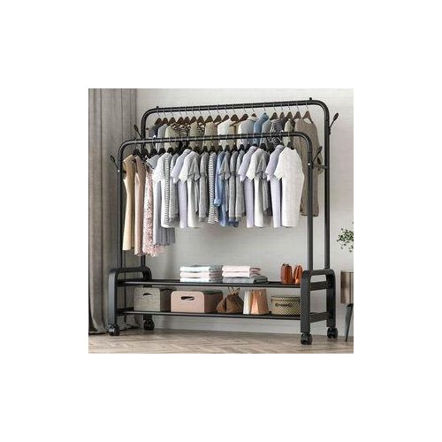 Portant à vêtements bipolaire, porte-manteau au sol avec roulettes, 4 crochets et plusieurs étagères.