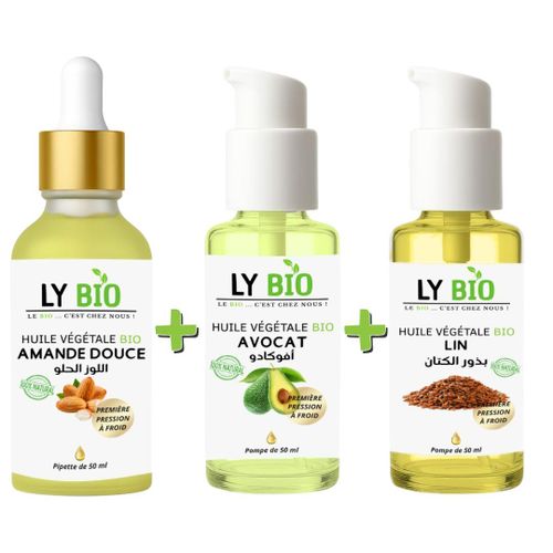 PACK HUILE AMANDE DOUCE 50ML - PIPETTE + HUILE AVOCAT 50ml - POMPE + HUILE LIN 50ML - POMPE