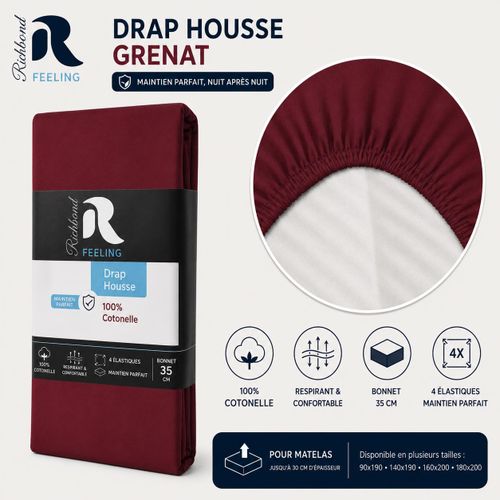 Drap Housse 90x190/200 (100% Cotonelle) - Idéal Matelas Jusqu'à 35cm d'Epaisseur - Ajustement 4 Coins Parfait - Tissu Doux, Respirant et Facile d'Entretien - Grenat