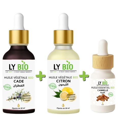 PACK HUILE CADE 50ML - PIPETTE + HUILE CITRON 50ML - PIPETTE + HUILE ESSENTIEL CANNELLE 10ML
