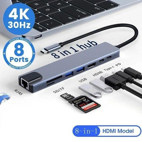8in1 Multi-port Type C to Usb-C 4k HDMI Adapter USB 3.0 Cable Hub up To1000mbps