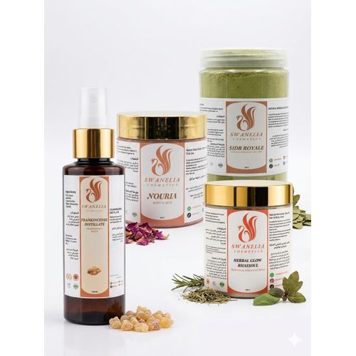 Pack Royal Eclat & Réparation Intense (Sidr 500g, Distillat d'Oliban 130ml, Gommage Naturel 500g, et Ghasoul au Bois de Santal 500g - SWANELIA