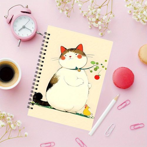 Bloc-notes, A5, 13.97X21.08 cm, 50 pages, Décrit un chat rond avec une collier, tenant un branche avec un fruit rouge, et u
