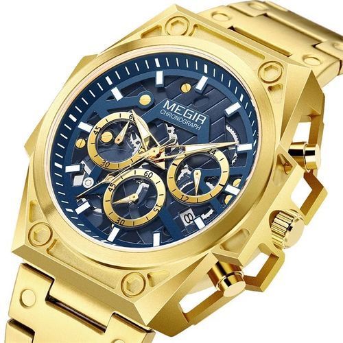 Montre Chronographe Sport Dorée fond Bleu