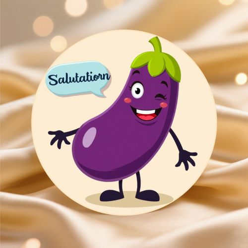 Lot de 24 ou 48 autocollants personnage de dessin animé aubergine violette avec bulle de dialogue disant une salutation pour une utilisation décorative sur ordinateurs portables, téléphones et cahiers