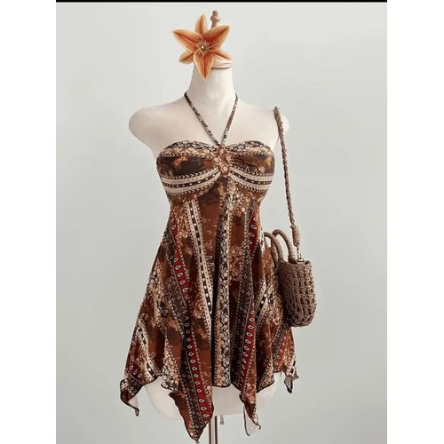 Robe Courte Bohème Femme – Imprimé Ethnique – Dos Nu – Coupe Asymétrique