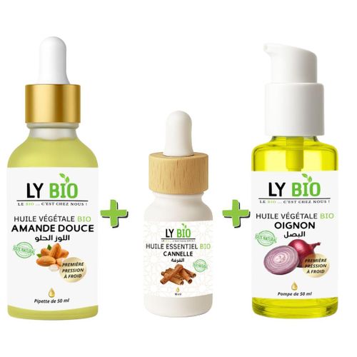 PACK HUILE AMANDE DOUCE 50ML - PIPETTE + HUILE ESSENTIEL CANNELLE 10ML + HUILE OIGNON 50ML - POMPE