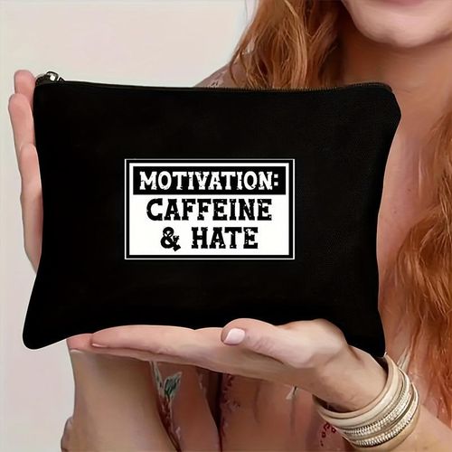 Poche en Toile Motivation Café & Haine avec Fermeture Éclair - Organisateur Polyvalent de Grande Capacité pour Fournitures de Bureau, Articles de Toilette ou Trousse de Maquillage au Design Inspirant